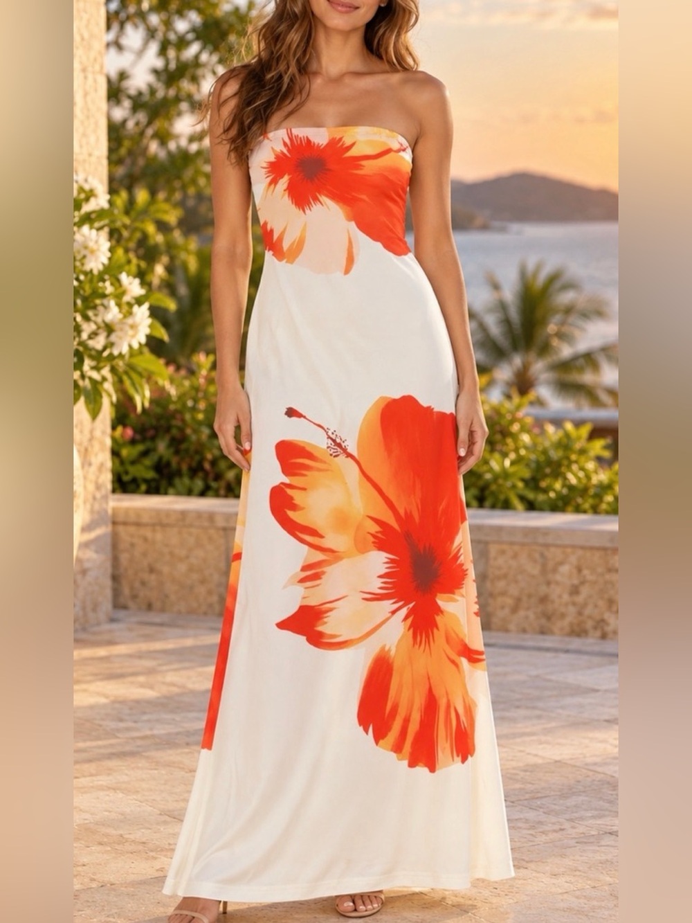 Strapless White Maxi Dress with Orange Floral Print